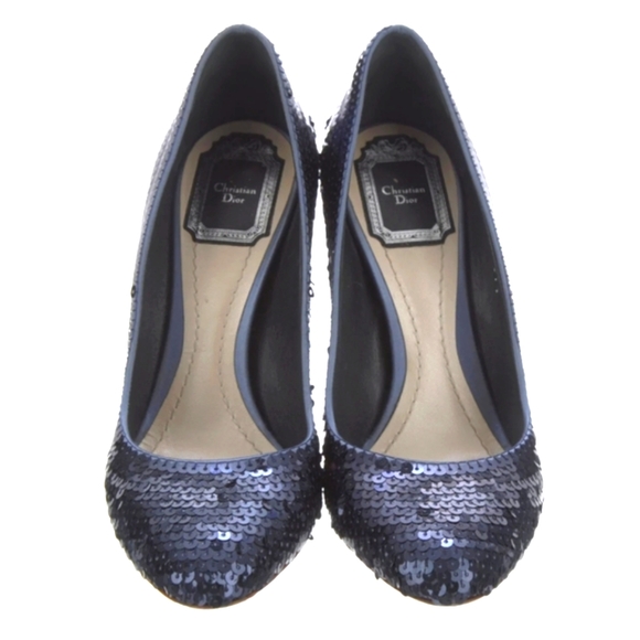 Dior Sequence Embellished Blue Almond Toe Block Heels Pumps Size 37.5 - Picture 3 of 11